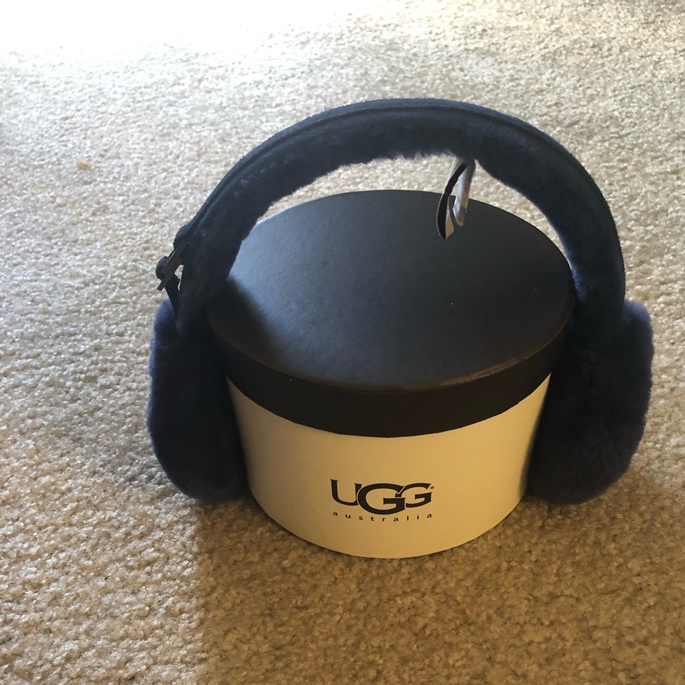 UGG Sheepskin Blue Earmuffs w/Leather Trim